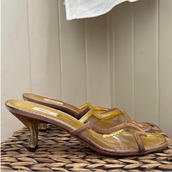 Prada Gold Suede Trimmed Textured Lucite Heeled Mules - Picture 3 of 14